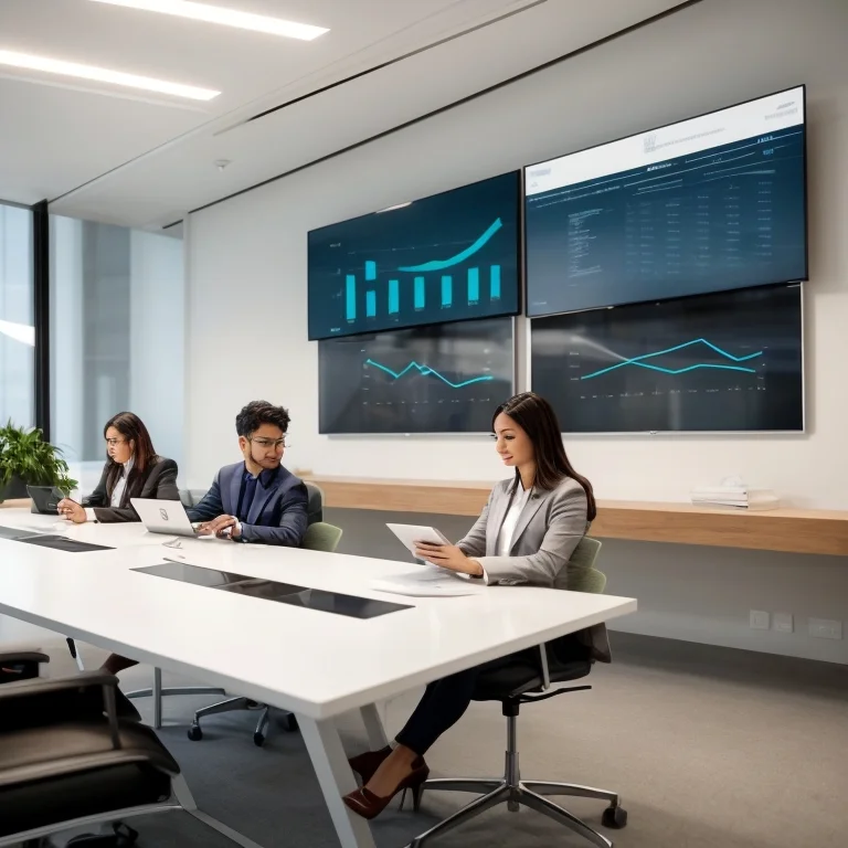 Group of professionals learning online in modern workspace